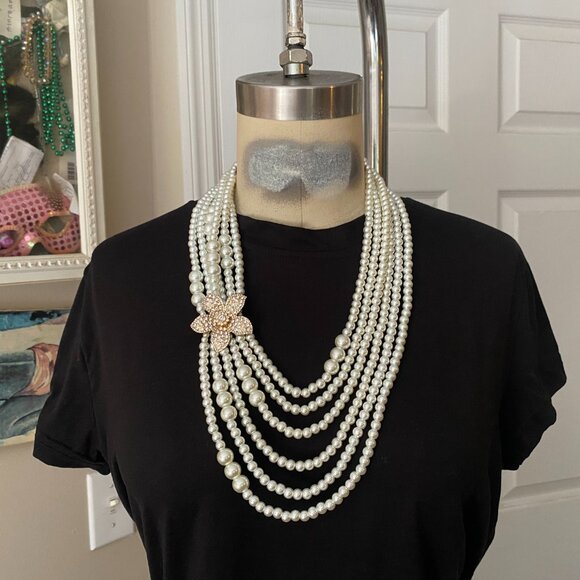 Bloomingdales CLASSIC White 6 strand Pearl Flower pendant bib Collar Necklace - Picture 13 of 15